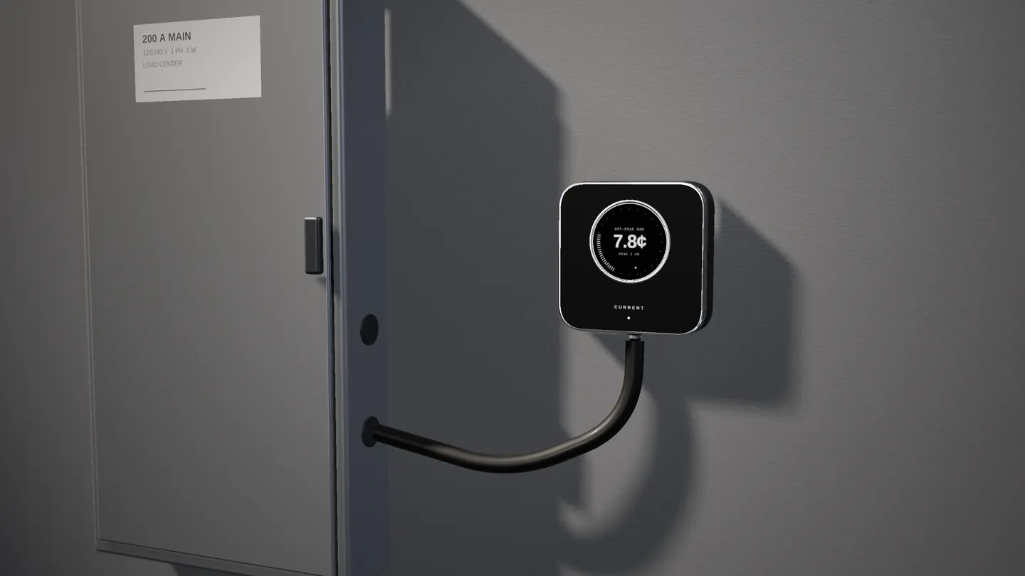 Design render of the Current Hub, a square graphite unit with a round readout, mounted on a painted wall beside the electrical panel, its conduit running into the panel's side