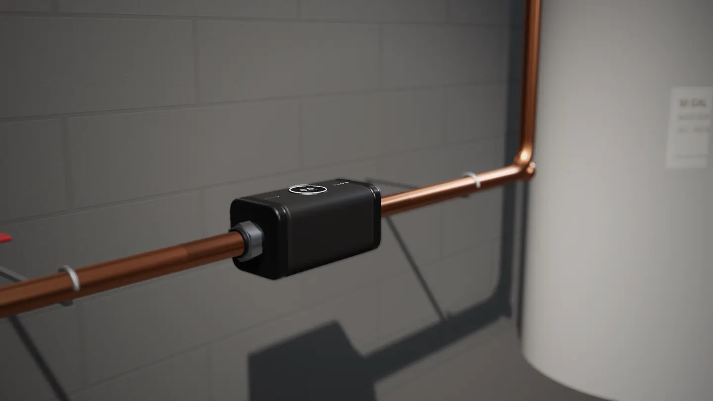 Design render of the Flow Node, a graphite valve body on the copper water main along a block wall, with the water heater out of focus behind it